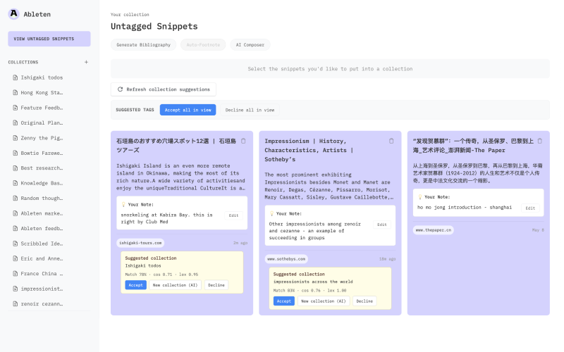Ableten organizing saved sources into a shared collection